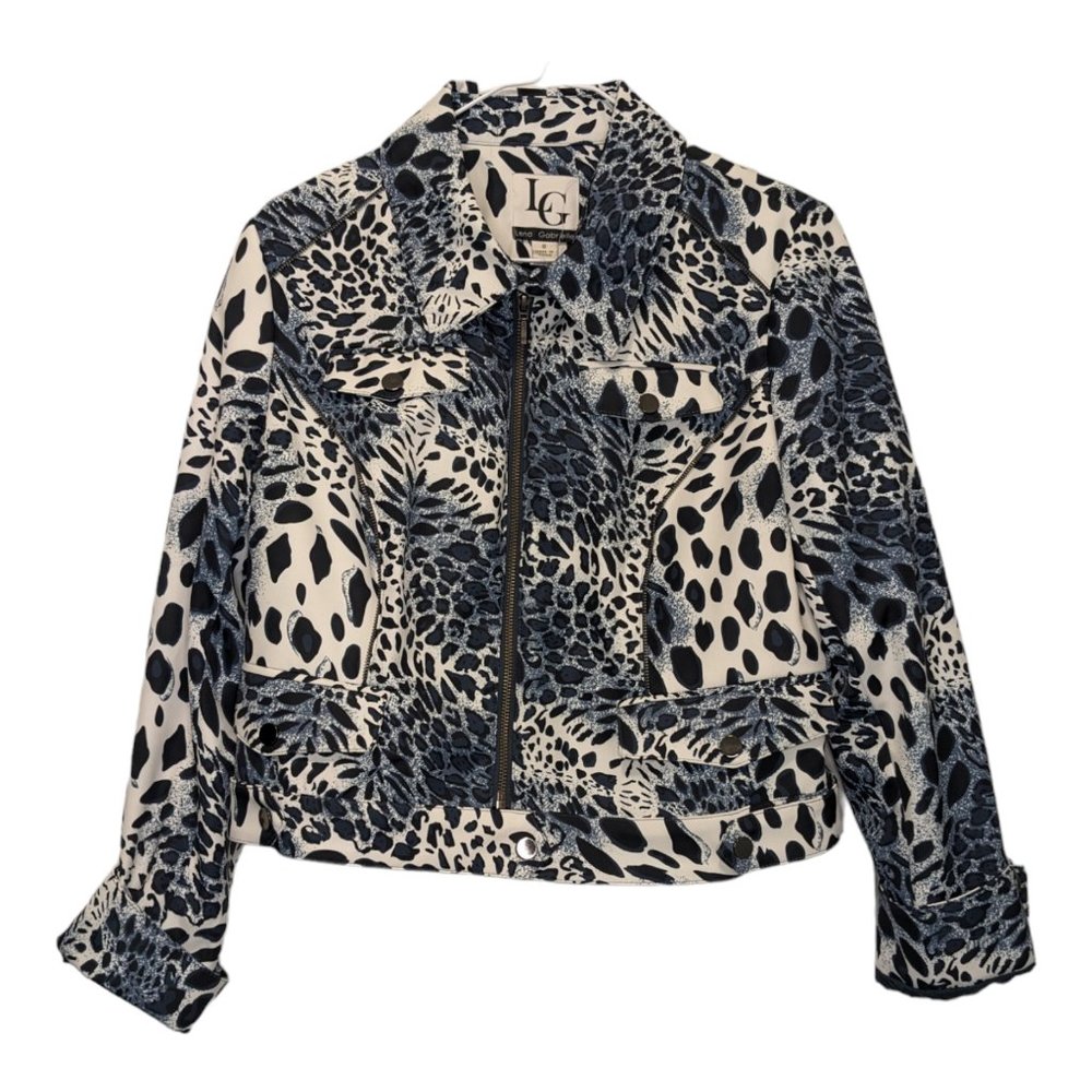 Lena Gabrielle Womens Full Zip Crop Jacket Black & White Leopard Print Size 8